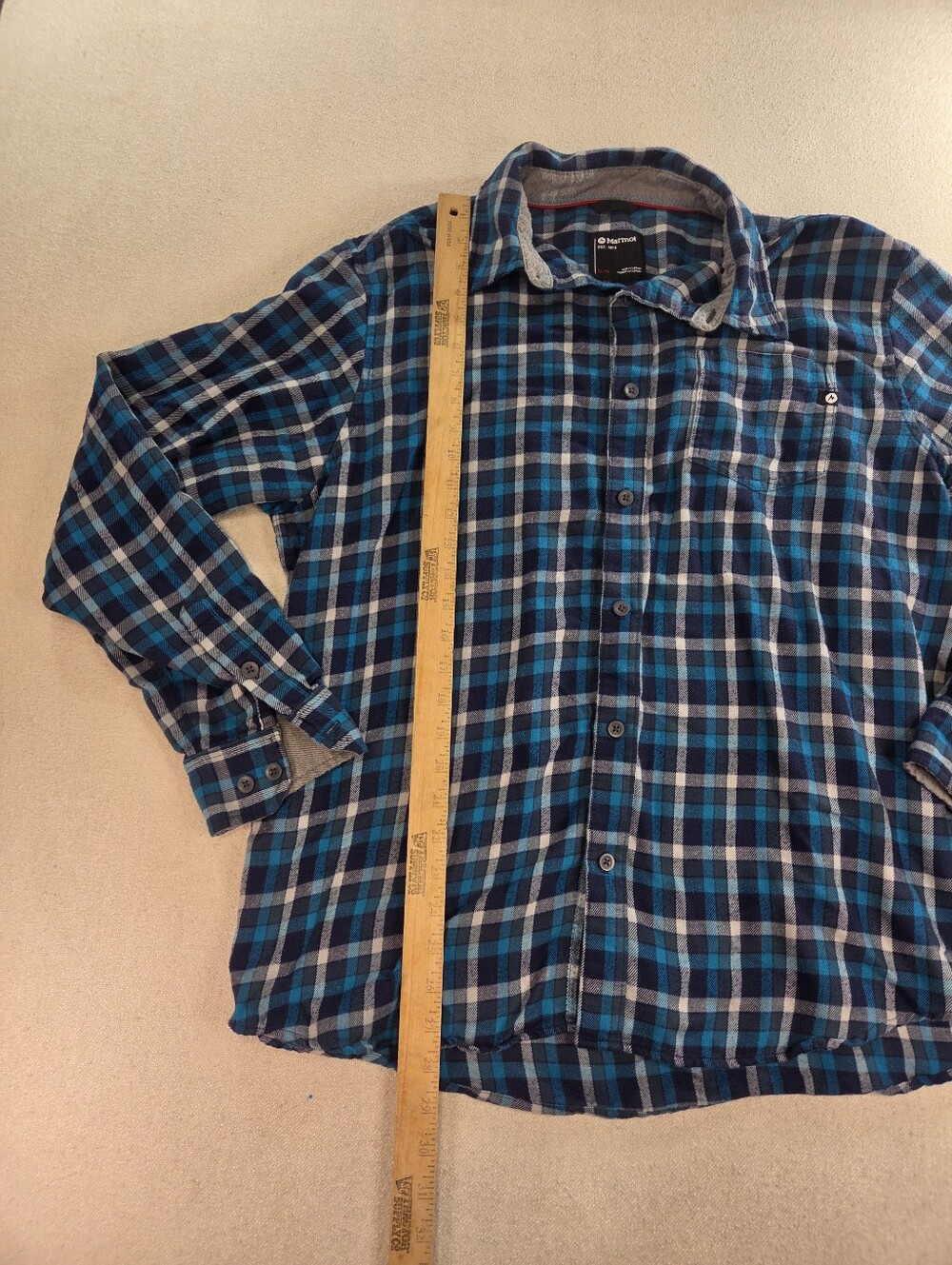Marmot Mens Flannel Shirt XL Blue Teal Plaid Midweight Cotton Gorpcore Hiking - Picture 5 of 9